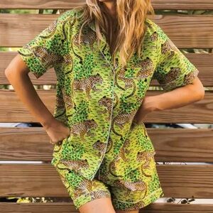 Printfresh Apple Green Bagheera Leopard Print Pajama Set, Medium Petite